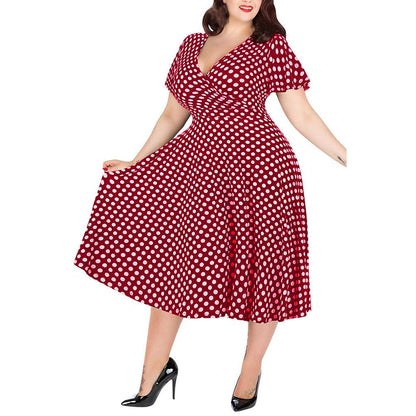 Women's Dress V-neck Short-Sleeve Polka Dot Printed Belt Dress Casual A-line Summer Dress Ladies High Waist Elegant Plus Size BB4
