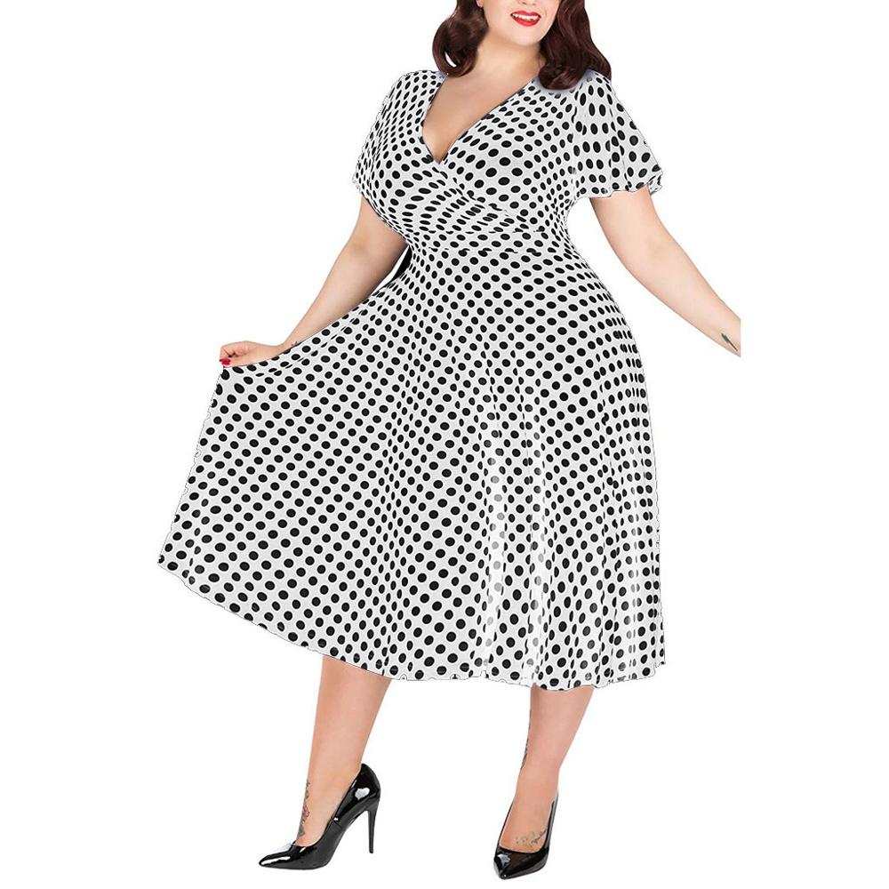 Women's Dress V-neck Short-Sleeve Polka Dot Printed Belt Dress Casual A-line Summer Dress Ladies High Waist Elegant Plus Size BB4
