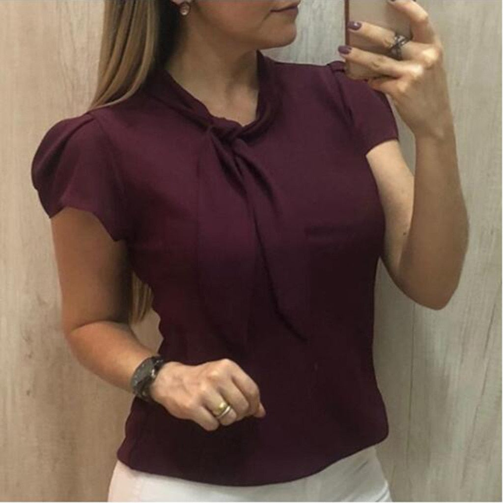 Women Elegant Blouse Short Sleeve Bow Chiffon Shirts Summer Tops Office Shirts Chemisier Femme Womens Tops And Blouses