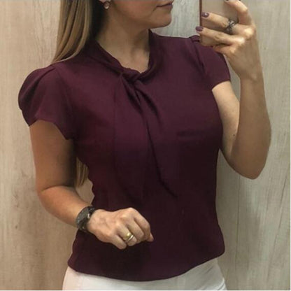 Women Elegant Blouse Short Sleeve Bow Chiffon Shirts Summer Tops Office Shirts Chemisier Femme Womens Tops And Blouses
