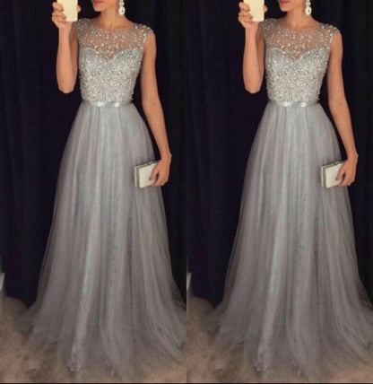 Women Elegant Formal Evening Party Mesh Sleeveless High Waist Sequins Shinning Wedding Ball Prom Gown Long Dress
