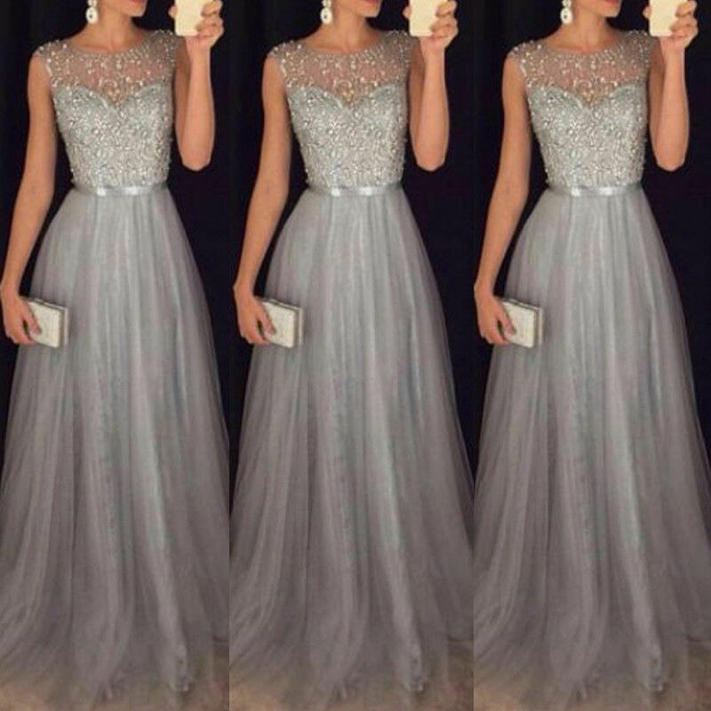 Women Elegant Formal Evening Party Mesh Sleeveless High Waist Sequins Shinning Wedding Ball Prom Gown Long Dress