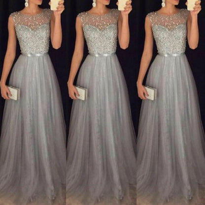 Women Elegant Formal Evening Party Mesh Sleeveless High Waist Sequins Shinning Wedding Ball Prom Gown Long Dress