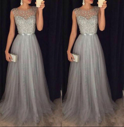 Women Elegant Formal Evening Party Mesh Sleeveless High Waist Sequins Shinning Wedding Ball Prom Gown Long Dress