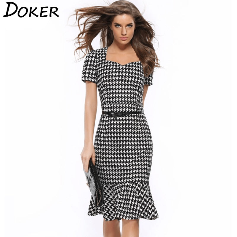 Women Elegant Slimming Dress Summer Houndstooth Work Office Dress Ladies Sexy Evening Party Mermaid Tunic Bodycon Dress Vestidos