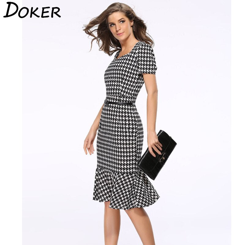 Women Elegant Slimming Dress Summer Houndstooth Work Office Dress Ladies Sexy Evening Party Mermaid Tunic Bodycon Dress Vestidos