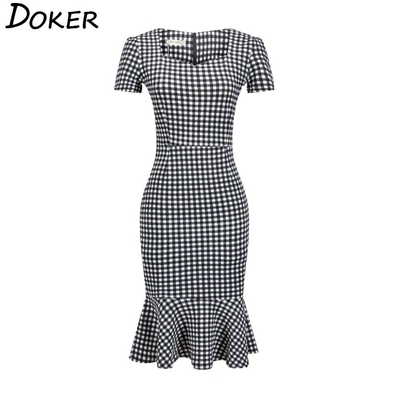 Women Elegant Slimming Dress Summer Houndstooth Work Office Dress Ladies Sexy Evening Party Mermaid Tunic Bodycon Dress Vestidos