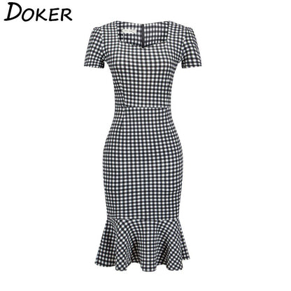 Women Elegant Slimming Dress Summer Houndstooth Work Office Dress Ladies Sexy Evening Party Mermaid Tunic Bodycon Dress Vestidos