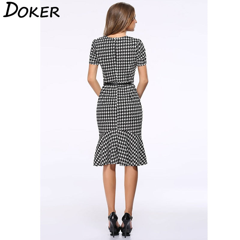Women Elegant Slimming Dress Summer Houndstooth Work Office Dress Ladies Sexy Evening Party Mermaid Tunic Bodycon Dress Vestidos