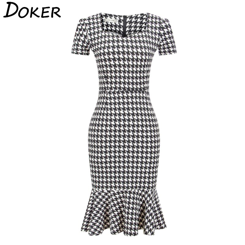 Women Elegant Slimming Dress Summer Houndstooth Work Office Dress Ladies Sexy Evening Party Mermaid Tunic Bodycon Dress Vestidos