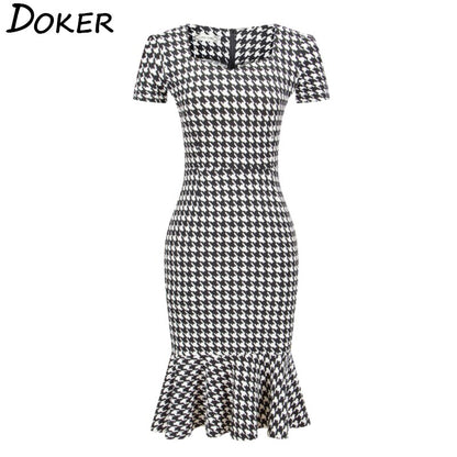 Women Elegant Slimming Dress Summer Houndstooth Work Office Dress Ladies Sexy Evening Party Mermaid Tunic Bodycon Dress Vestidos