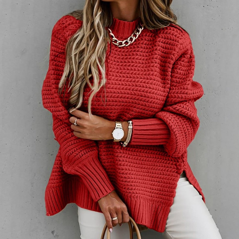 Women Elegant Solid Ribbed Knit Sweater Fashion O Neck Lantern Long Sleeve Pullover Tops Ladies Winter Casual Loose Slit Jumper