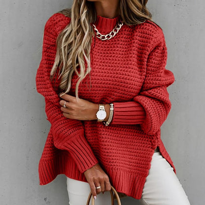 Women Elegant Solid Ribbed Knit Sweater Fashion O Neck Lantern Long Sleeve Pullover Tops Ladies Winter Casual Loose Slit Jumper