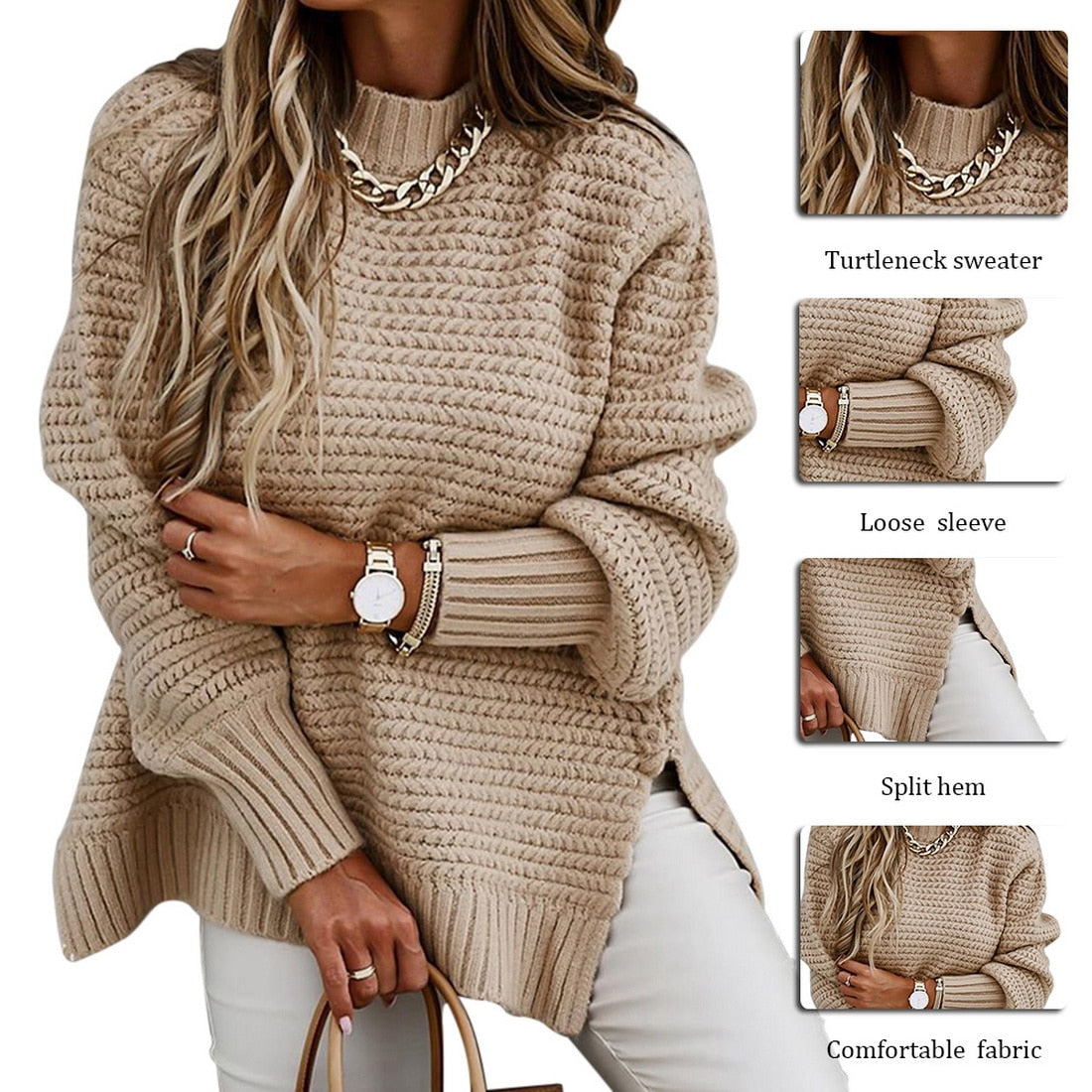 Women Elegant Solid Ribbed Knit Sweater Fashion O Neck Lantern Long Sleeve Pullover Tops Ladies Winter Casual Loose Slit Jumper