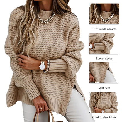 Women Elegant Solid Ribbed Knit Sweater Fashion O Neck Lantern Long Sleeve Pullover Tops Ladies Winter Casual Loose Slit Jumper