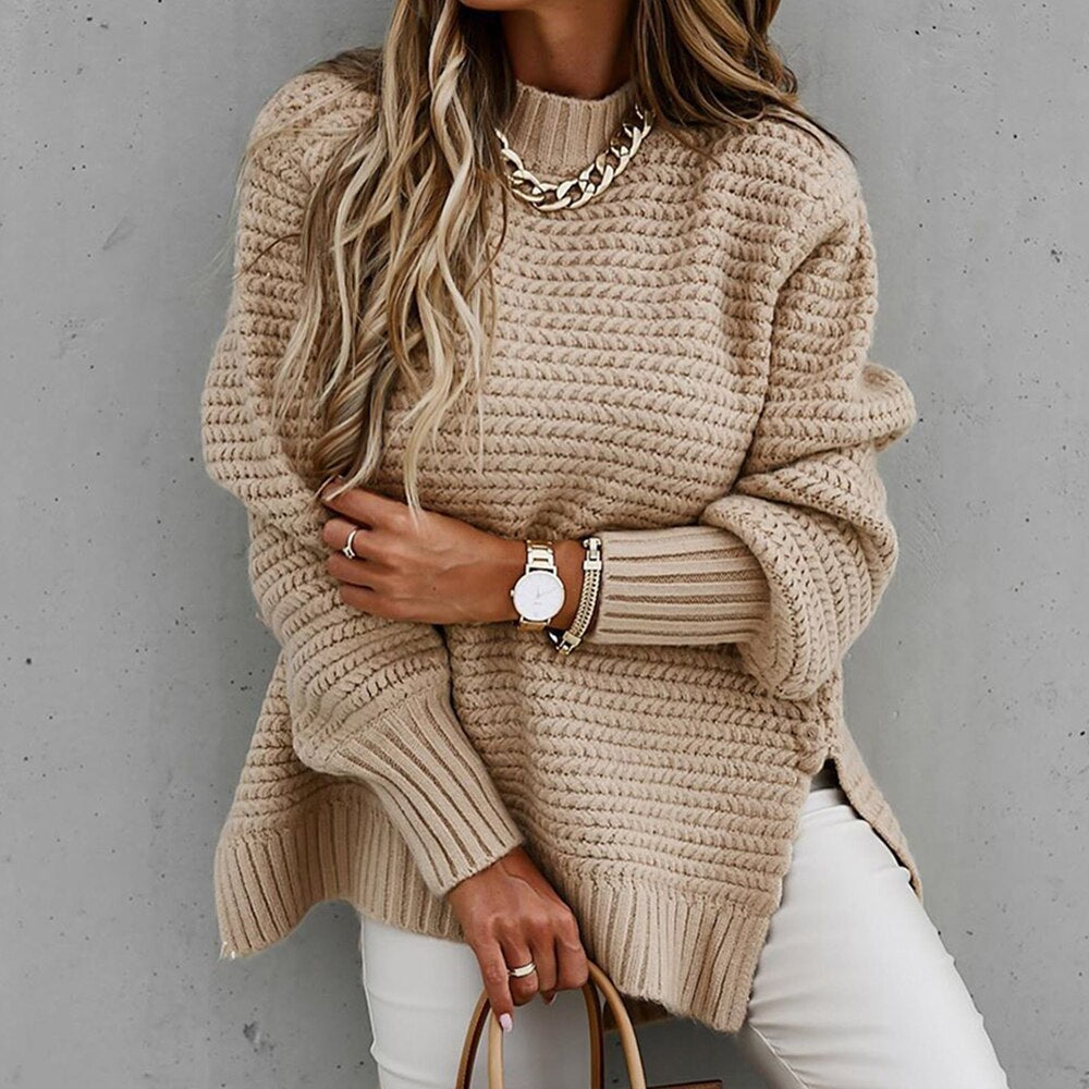 Women Elegant Solid Ribbed Knit Sweater Fashion O Neck Lantern Long Sleeve Pullover Tops Ladies Winter Casual Loose Slit Jumper