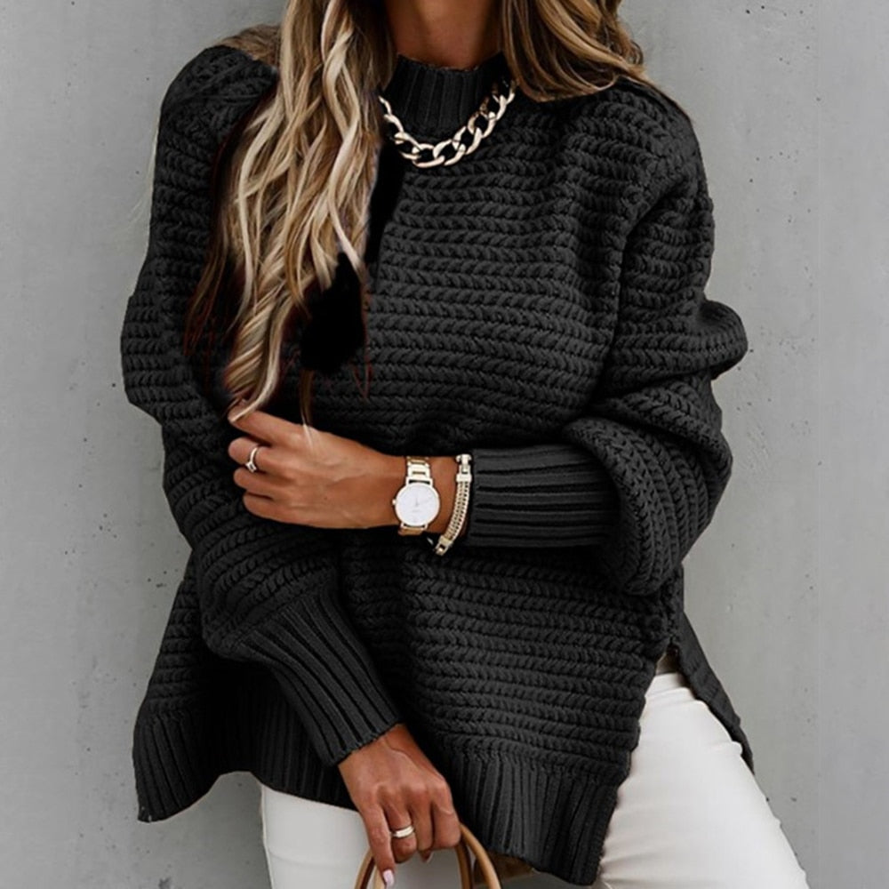 Women Elegant Solid Ribbed Knit Sweater Fashion O Neck Lantern Long Sleeve Pullover Tops Ladies Winter Casual Loose Slit Jumper