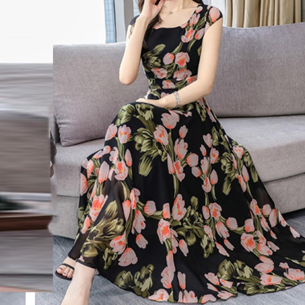 Women's Bohemian Style Summer Floral Dress Elegant Collect Waist Short Sleeve Flower Printed Chiffon Loose Dress#D