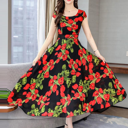 Women's Bohemian Style Summer Floral Dress Elegant Collect Waist Short Sleeve Flower Printed Chiffon Loose Dress#D