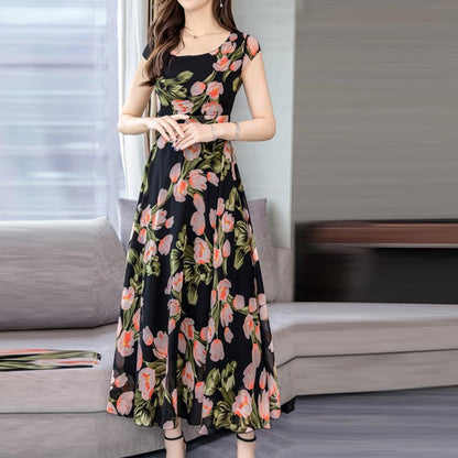 Women's Bohemian Style Summer Floral Dress Elegant Collect Waist Short Sleeve Flower Printed Chiffon Loose Dress#D