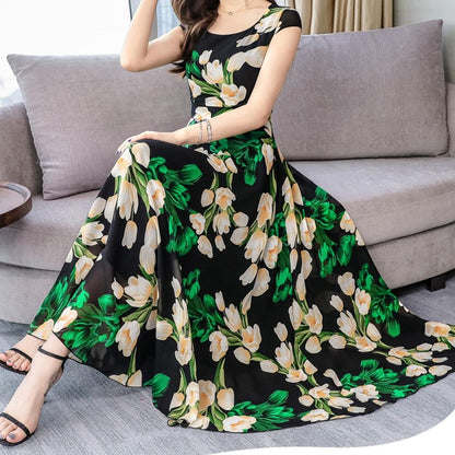 Women's Bohemian Style Summer Floral Dress Elegant Collect Waist Short Sleeve Flower Printed Chiffon Loose Dress#D