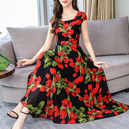 Women's Bohemian Style Summer Floral Dress Elegant Collect Waist Short Sleeve Flower Printed Chiffon Loose Dress#D