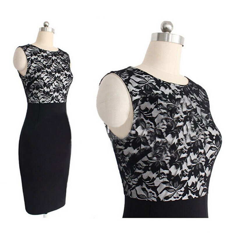 Women Fashion Lace Patchwork Formal Business Slim Pencil Dress O-Neck Sleeveless Ladies Work Office OL Party Knee-Length Dress