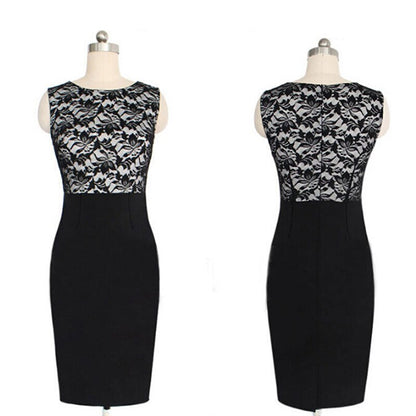 Women Fashion Lace Patchwork Formal Business Slim Pencil Dress O-Neck Sleeveless Ladies Work Office OL Party Knee-Length Dress