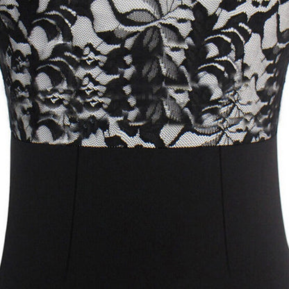 Women Fashion Lace Patchwork Formal Business Slim Pencil Dress O-Neck Sleeveless Ladies Work Office OL Party Knee-Length Dress