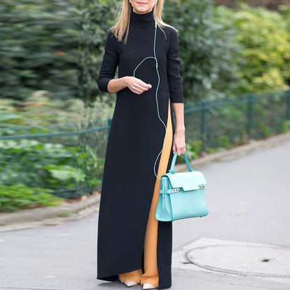 Women's Plus Size Maxi Dress Asymmetrical Western Style Turtleneck Pullover Stretchy Black Knitting Oversize Long Dress Split