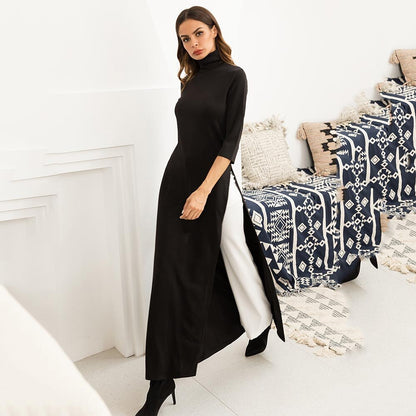 Women's Plus Size Maxi Dress Asymmetrical Western Style Turtleneck Pullover Stretchy Black Knitting Oversize Long Dress Split