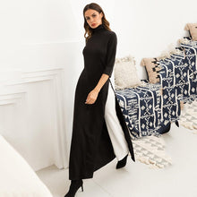 將圖片載入圖庫檢視器 Women&#39;s Plus Size Maxi Dress Asymmetrical Western Style Turtleneck Pullover Stretchy Black Knitting Oversize Long Dress Split
