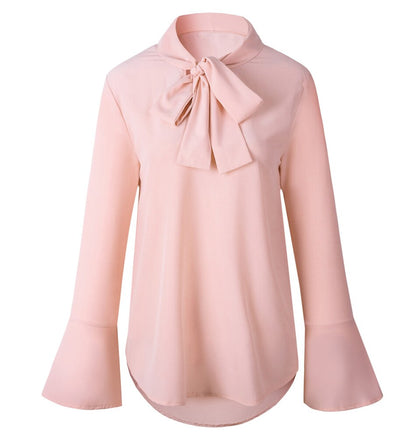 Women's Flare Long Sleeve Chiffon Blouse Bow Irregular Pure Ruffle Fashion Blouses New 2019 Autumn Casual Black Pink Tops Shirts