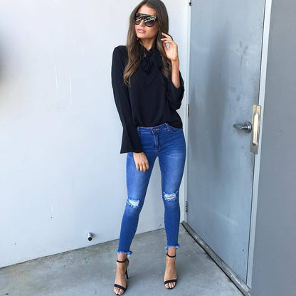 Women's Flare Long Sleeve Chiffon Blouse Bow Irregular Pure Ruffle Fashion Blouses New 2019 Autumn Casual Black Pink Tops Shirts