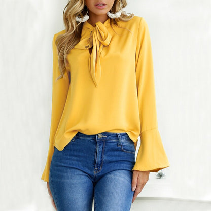 Women's Flare Long Sleeve Chiffon Blouse Bow Irregular Pure Ruffle Fashion Blouses New 2019 Autumn Casual Black Pink Tops Shirts
