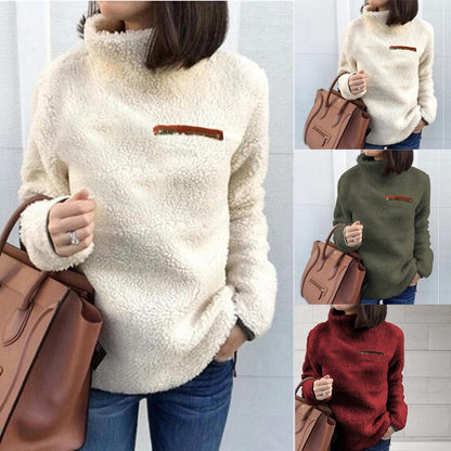 Women's Fluffy Fleece Sweatshirt Pullover Winter Casual Turtleneck Zipper Female Hoodies Loose Warm Soft Solid Women Tops Jumper