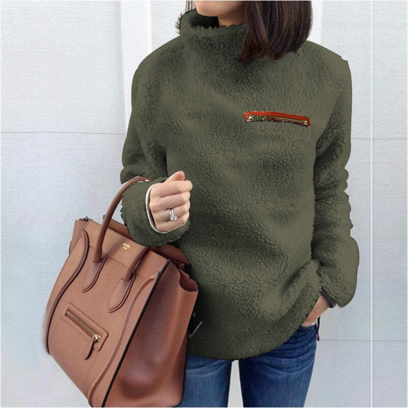 Women's Fluffy Fleece Sweatshirt Pullover Winter Casual Turtleneck Zipper Female Hoodies Loose Warm Soft Solid Women Tops Jumper