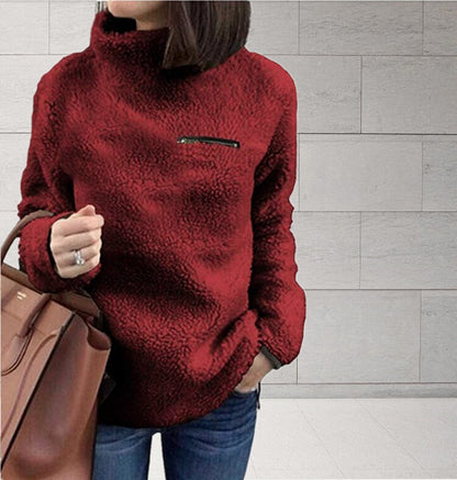 Women's Fluffy Fleece Sweatshirt Pullover Winter Casual Turtleneck Zipper Female Hoodies Loose Warm Soft Solid Women Tops Jumper