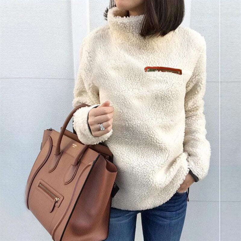 Women's Fluffy Fleece Sweatshirt Pullover Winter Casual Turtleneck Zipper Female Hoodies Loose Warm Soft Solid Women Tops Jumper