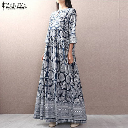 Women's Geometric Long Maxi Dress Bohemian Style 2019 ZANZEA Vintage Ladies Cotton Linen Vestido Casual Buttons Robe Femme 5XL