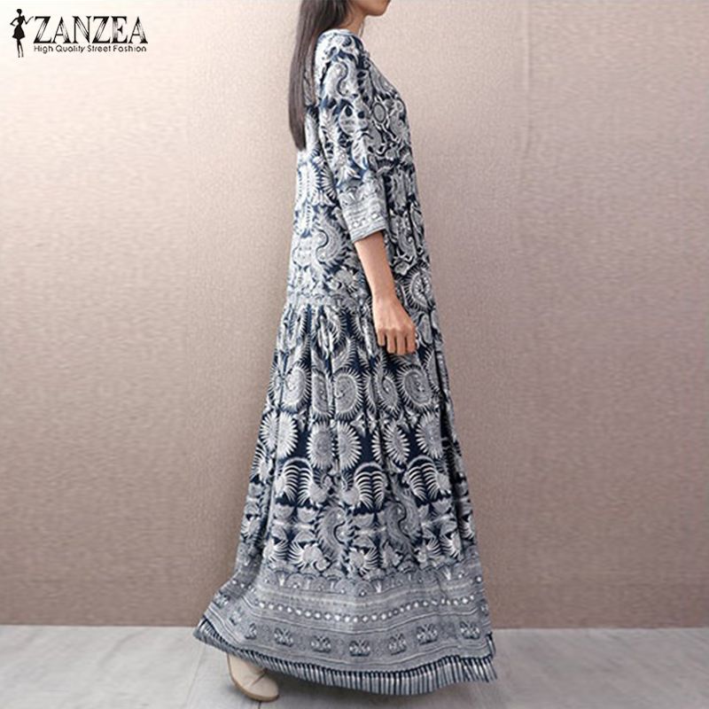 Women's Geometric Long Maxi Dress Bohemian Style 2019 ZANZEA Vintage Ladies Cotton Linen Vestido Casual Buttons Robe Femme 5XL