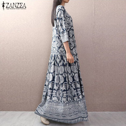 Women's Geometric Long Maxi Dress Bohemian Style 2019 ZANZEA Vintage Ladies Cotton Linen Vestido Casual Buttons Robe Femme 5XL