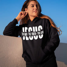 Charger l&#39;image dans la galerie, Women Inspiring Religious Christian Sweatshirts Autumn Letter Print Black Pullover Jesus The Way The Truth The Life Hoodies Men
