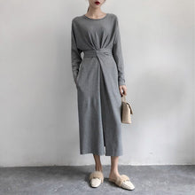 將圖片載入圖庫檢視器 Women&#39;s Knitted Bandage Lace Up Split Midi Dress Long Sleeve A-line High Waist Female Dresses 2020 Autumn O-Neck Ladies Vestidos
