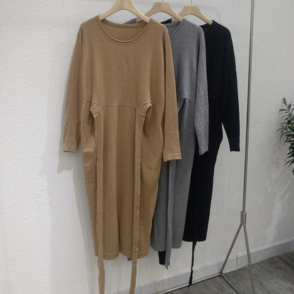 Women's Knitted Bandage Lace Up Split Midi Dress Long Sleeve A-line High Waist Female Dresses 2020 Autumn O-Neck Ladies Vestidos