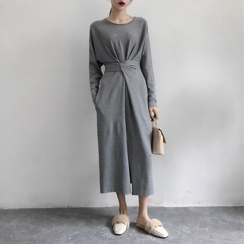 Women's Knitted Bandage Lace Up Split Midi Dress Long Sleeve A-line High Waist Female Dresses 2020 Autumn O-Neck Ladies Vestidos