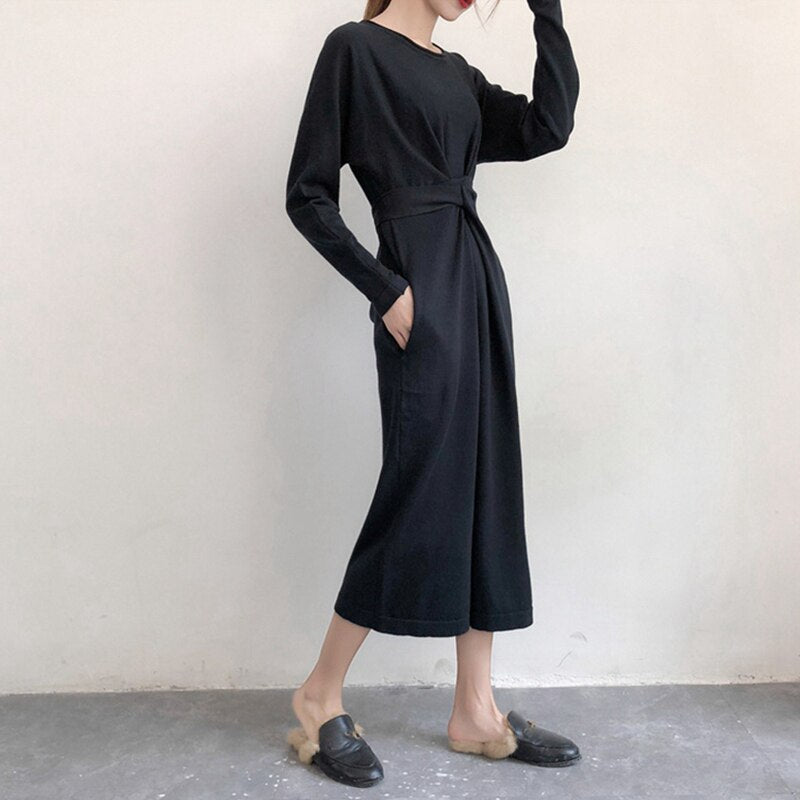 Women's Knitted Bandage Lace Up Split Midi Dress Long Sleeve A-line High Waist Female Dresses 2020 Autumn O-Neck Ladies Vestidos
