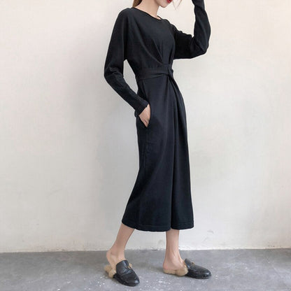 Women's Knitted Bandage Lace Up Split Midi Dress Long Sleeve A-line High Waist Female Dresses 2020 Autumn O-Neck Ladies Vestidos