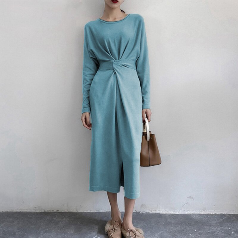 Women's Knitted Bandage Lace Up Split Midi Dress Long Sleeve A-line High Waist Female Dresses 2020 Autumn O-Neck Ladies Vestidos