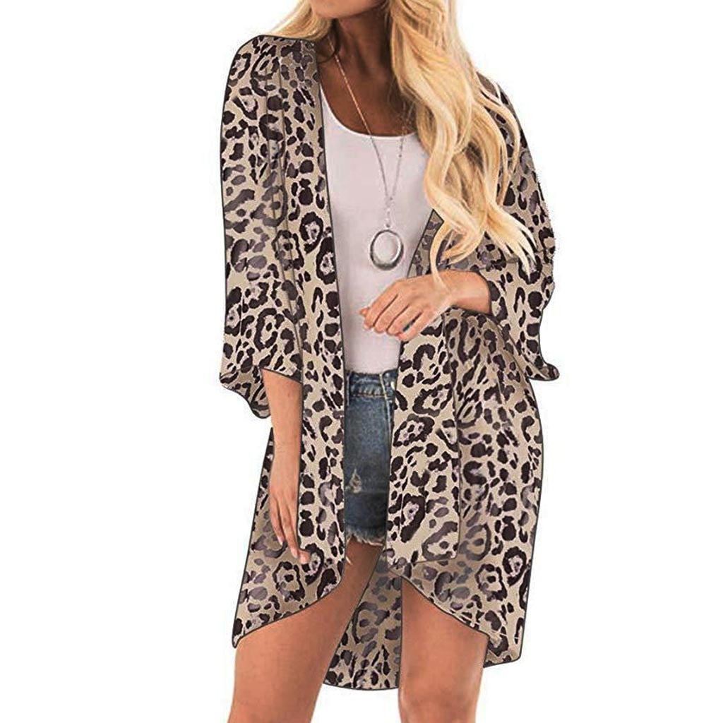 Women's Leopard Print Cover Casual Blouse Tops  Kimono Bikini Cardigan Capes Cover #20